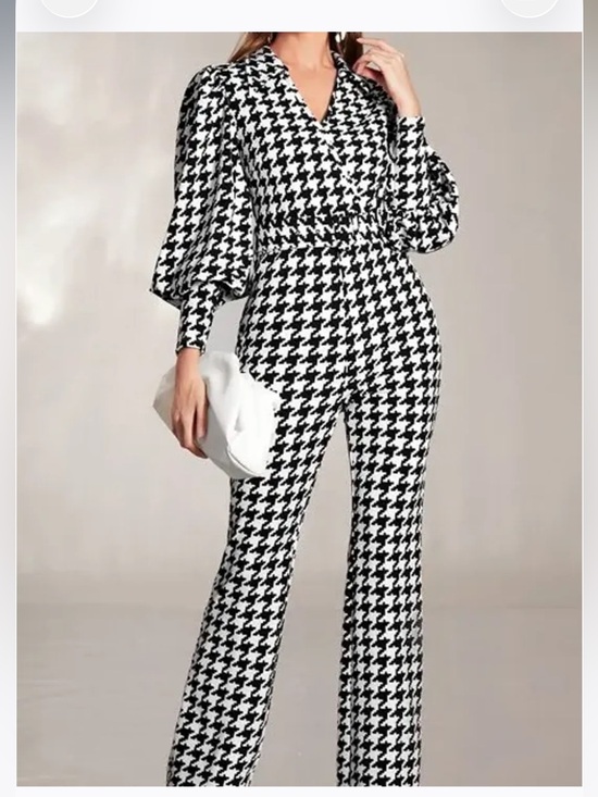 Pants - Houndstooth Wide-Leg Jumpsuit in Black & White